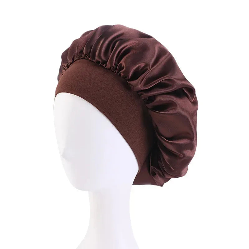 Women Satin Bonnet Hair Bonnet for Sleeping Hair Care Silk Bonnets Solid Wide-brimmed Sleeping Hat with Elastic Soft Band