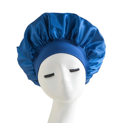 Women's Satin Solid Bonnets Wide-brimmed Night Sleeping Bathing Hat Unisex Head Wrap Elastic Band Cap Hair Care Bonnet