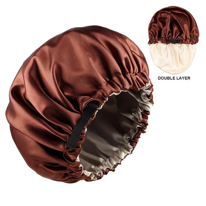 Adjustable Double Layer Satin Bonnet Nightcap Doubleside Women Round Shower Caps Night Sleep Soft Smooth Hat Solid Black Lining