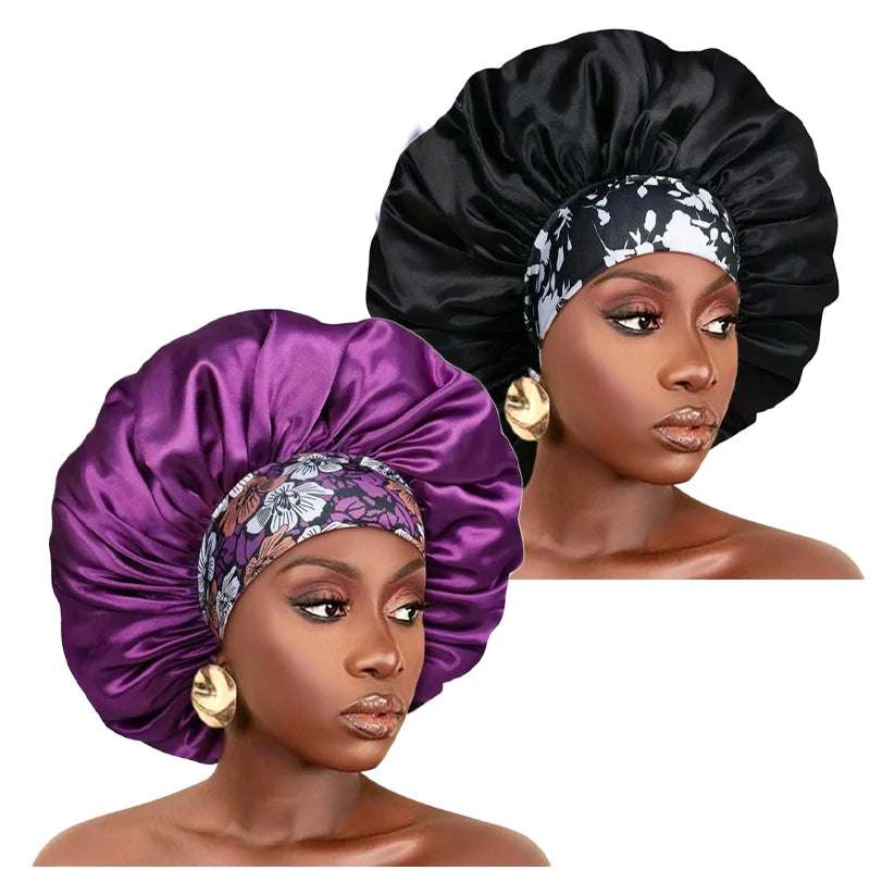 Women Extra Large Silky Satin Hair Bonnet Thick Hair Sleep Cap Elastic Band Beanie African Headwrap Flower Turban Chemo Caps