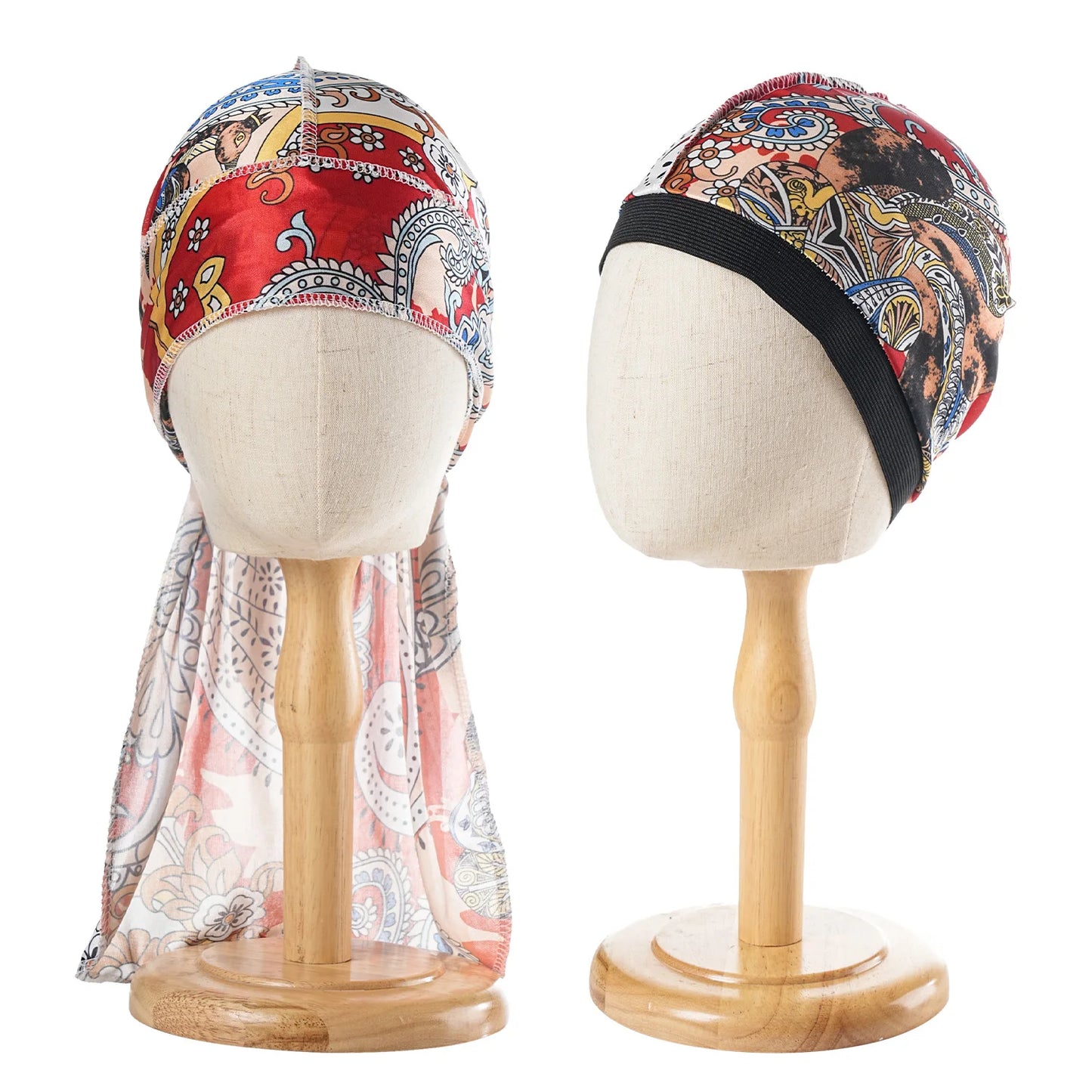 Unisex 2PCS/Set Printed Wave Caps With Durag for Men Women Head Wrap Beanie Turban Cap Headwrap Bonnet Hair Accessories Bandanas