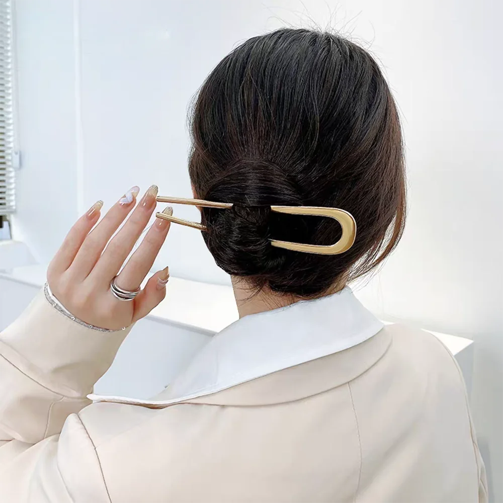U-Shaped Hair Fork Elegant Golden Silver-color Alloy Long Thick Hair Updo Bun French Hairpin Stick Women Girls Hair Accessories