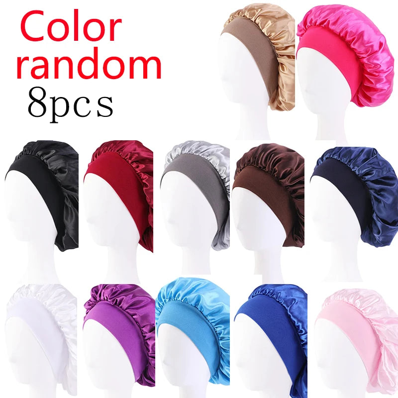 Women Satin Bonnet Hair Bonnet for Sleeping Hair Care Silk Bonnets Solid Wide-brimmed Sleeping Hat with Elastic Soft Band