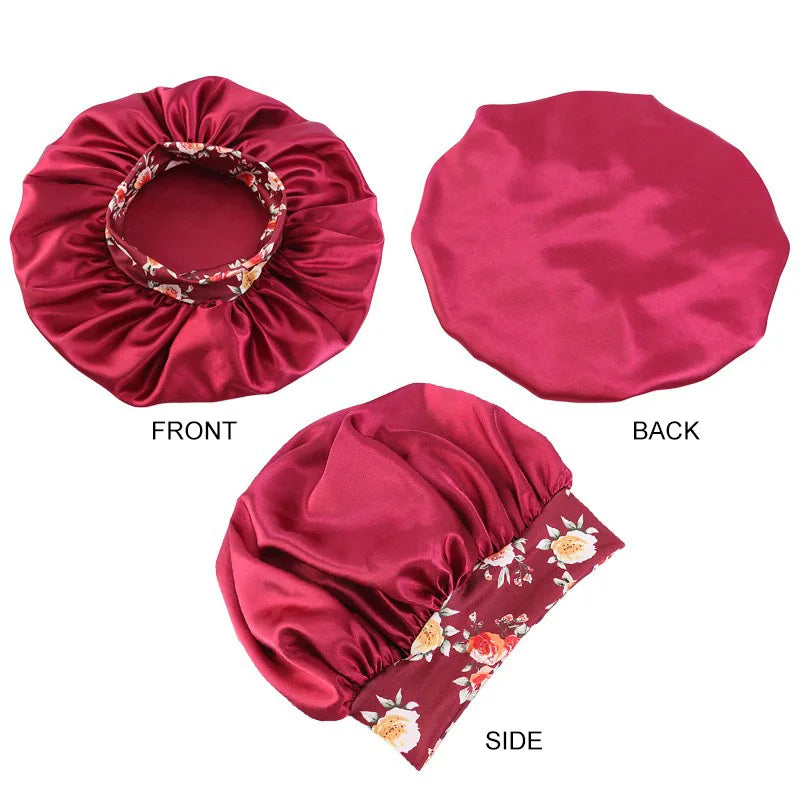 Women's Satin Solid Sleeping Hat Night Sleep Hair Care Bonnet Nightcap Silky Shower Caps Elastic Flower Print Band Unisex Cap