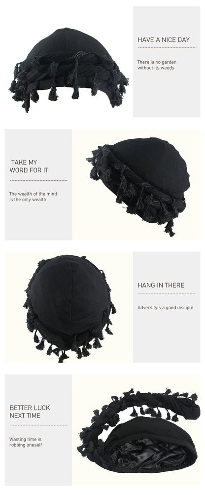 Men Braid Hat Turban Durag Wave Cap Halo Lined Hat for Men Women Head Wraps Cap with Tassel Elastic Pre Tie Waves Braids Cap