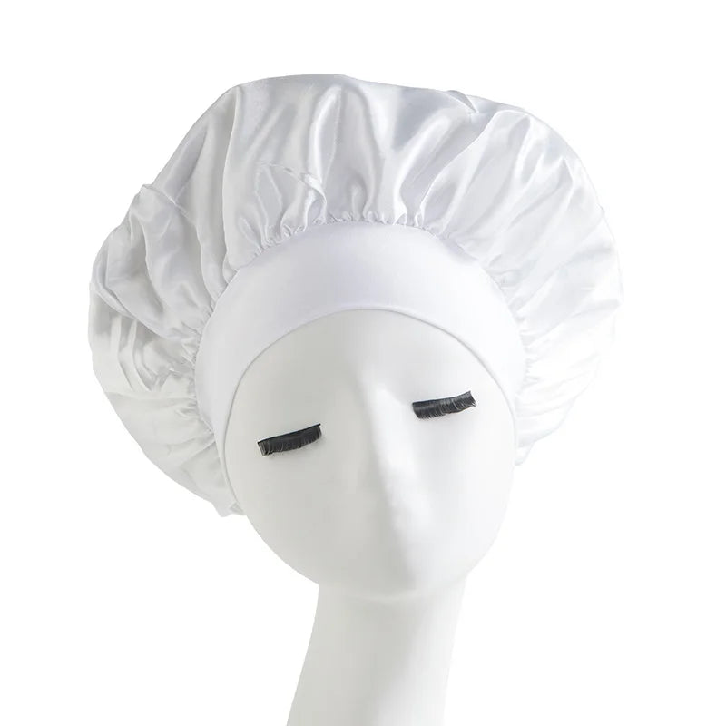 Women's Satin Solid Bonnets Wide-brimmed Night Sleeping Bathing Hat Unisex Head Wrap Elastic Band Cap Hair Care Bonnet