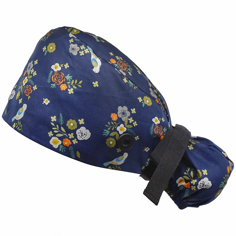 Printed Surgical Cap Scrub Cotton With Button Doctor Wrap Long Hair Adjustable Lace-up Women Beauty Care Hospital Accessories