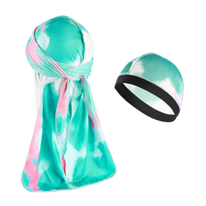 Spandex Durag & Wave Cap Set Longtail Hiphap Fashion Head Wrap