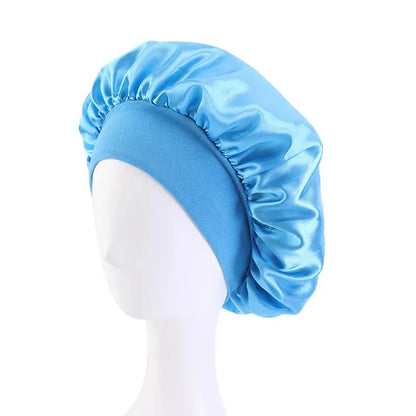 Women Satin Bonnet Hair Bonnet for Sleeping Hair Care Silk Bonnets Solid Wide-brimmed Sleeping Hat with Elastic Soft Band