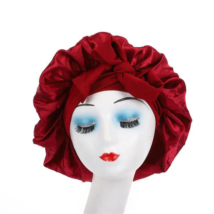 New Elegant Satin Lined Bonnet Double Layered Ribbon Round Hat Wide Brimmed Bath Hat Black Sleep Cap for Women Curly Hair