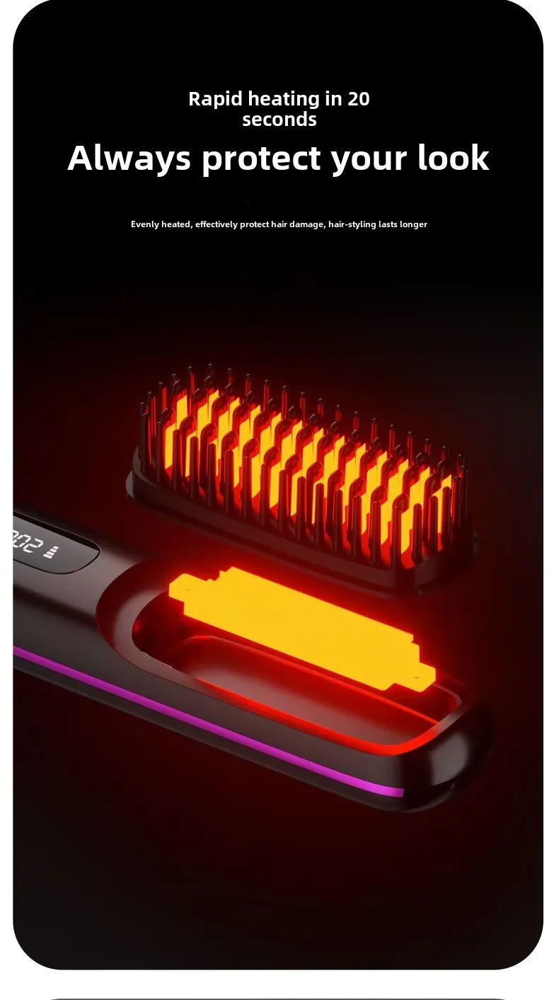 LCD Straight Hair Comb Portable Travel Hair Straightener Anti-Scald Heated Styling Brush USB Charging Cordless Hair Straightener