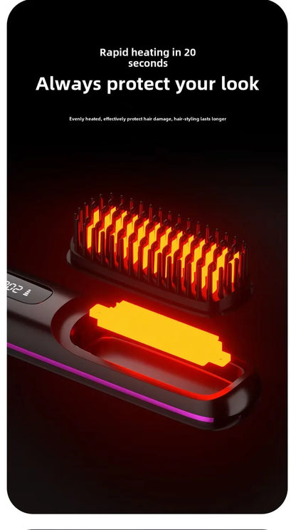 LCD Straight Hair Comb Portable Travel Hair Straightener Anti-Scald Heated Styling Brush USB Charging Cordless Hair Straightener