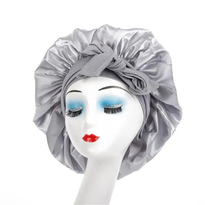 New Elegant Satin Lined Bonnet Double Layered Ribbon Round Hat Wide Brimmed Bath Hat Black Sleep Cap for Women Curly Hair