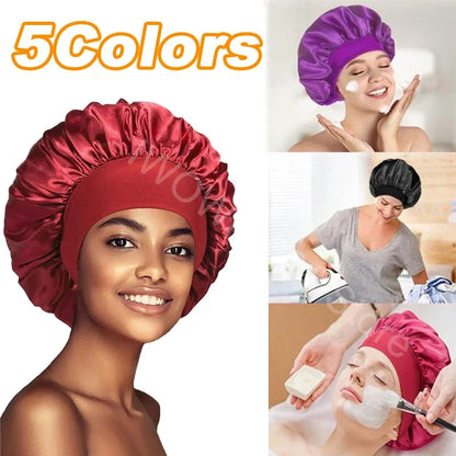 New Women's Satin Solid Wide-brimmed Sleeping Hat Unisex Head Wrap Elastic Band Cap Hair Care Bonnet Night Hat bonnet de nuit