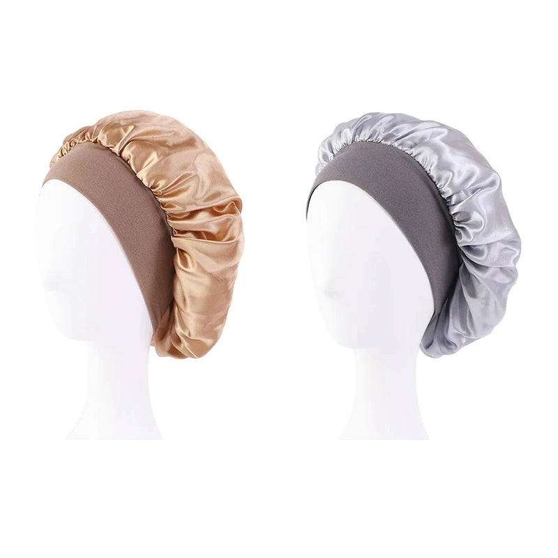 Women Satin Bonnet Hair Bonnet for Sleeping Hair Care Silk Bonnets Solid Wide-brimmed Sleeping Hat with Elastic Soft Band
