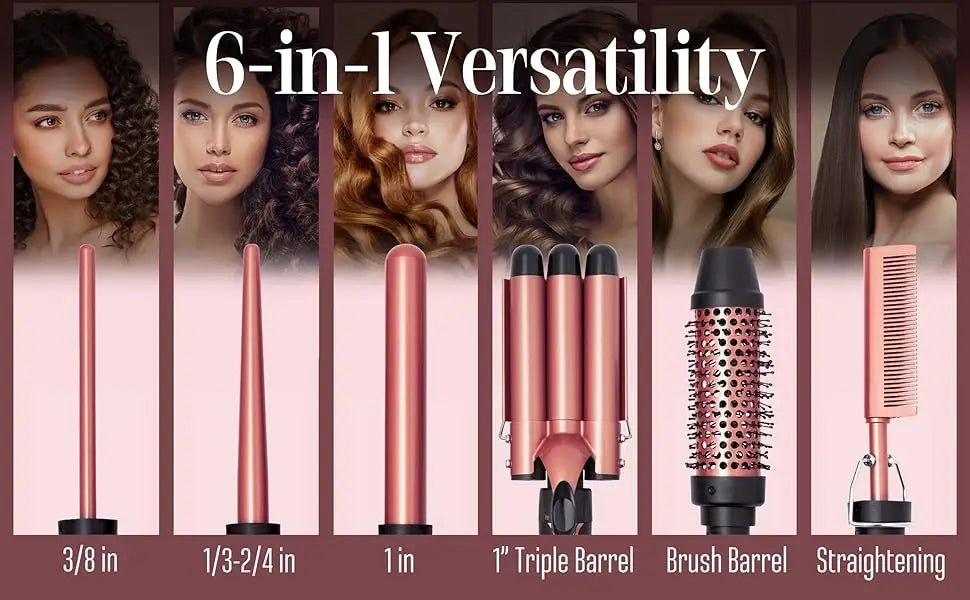Curling Iron Wand Set 6-in-1 Hair Curler with 3 Barrel Hair Crimper, Spiral Curling Iron - Fast Heating Styling Tools for Women