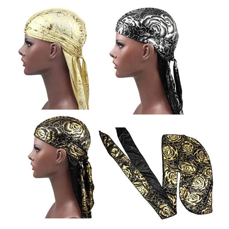 New Men's Print Silky Durags Turban Bandanas Headwear Men Silk DuRag Doo Rag Pirate Hat Wave Caps Hair Accessories Durags