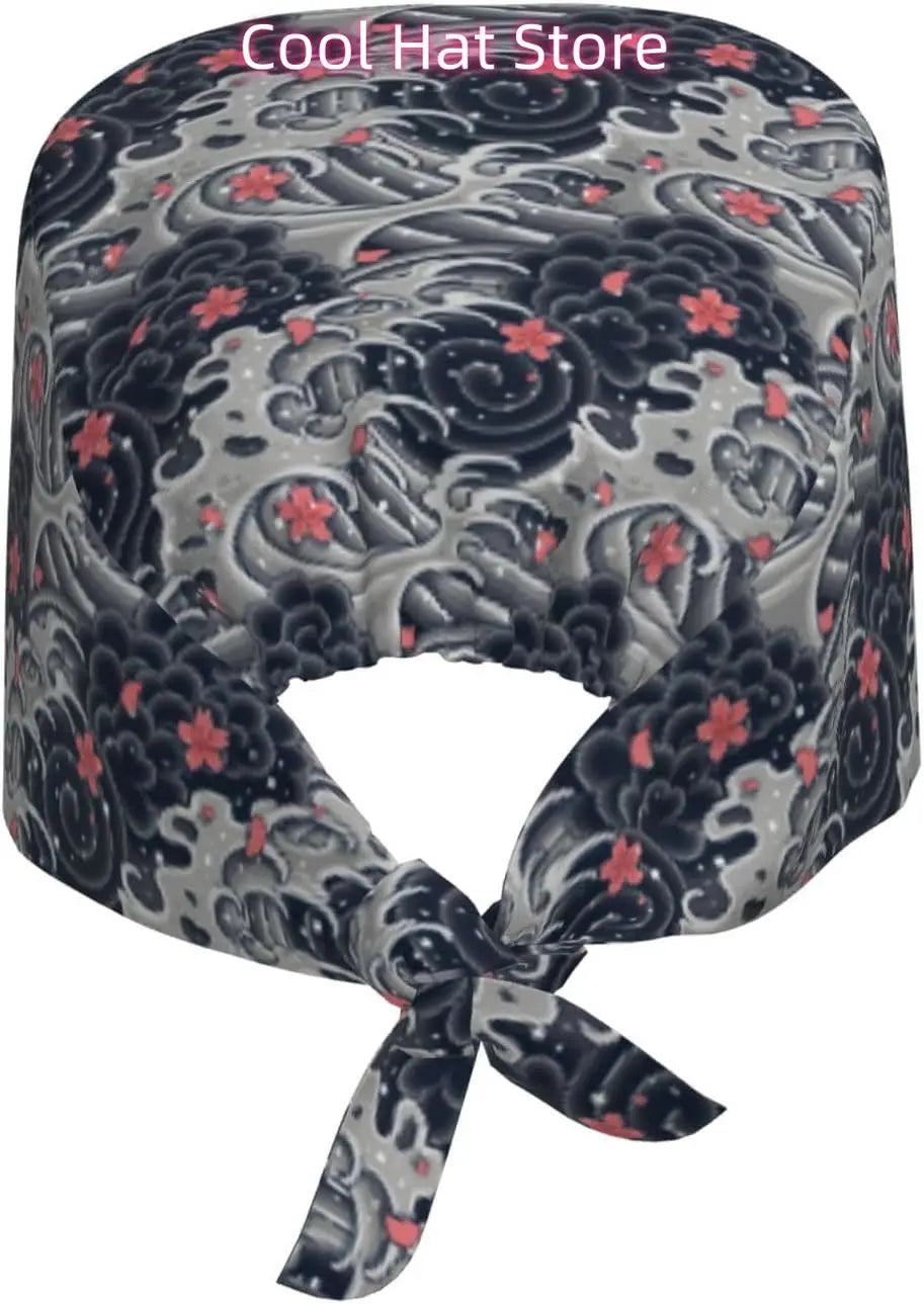 Japanese Wave Cherry Blossoms Working Cap Scrub Cap with Sweatband Adjustable Unisex Women Tie Back Hat Nurse  Caps