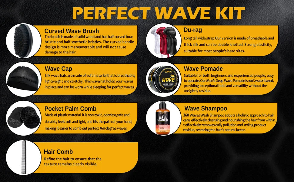 Wave Pomade 360 Wash Shampoo Kit for Men Black Strong Hold Deep Sport Waves Training Hair Cream Wavy Layered Control Silky Shine
