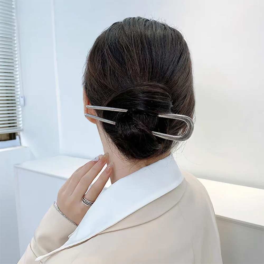 U-Shaped Hair Fork Elegant Golden Silver-color Alloy Long Thick Hair Updo Bun French Hairpin Stick Women Girls Hair Accessories