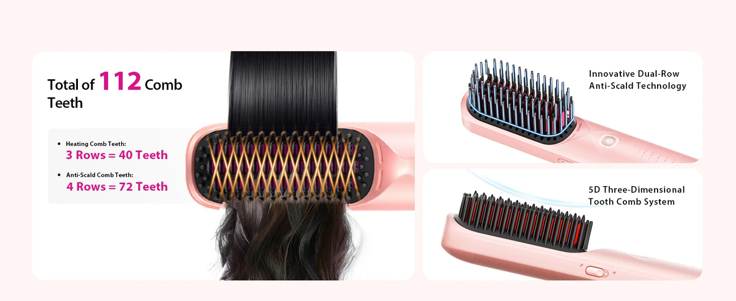 Cordless Hair Straightener Brush 450°F Adjustable Temp 30s Fast Heating 10000mAh Travel Wireless Straightening Comb Adult Kids