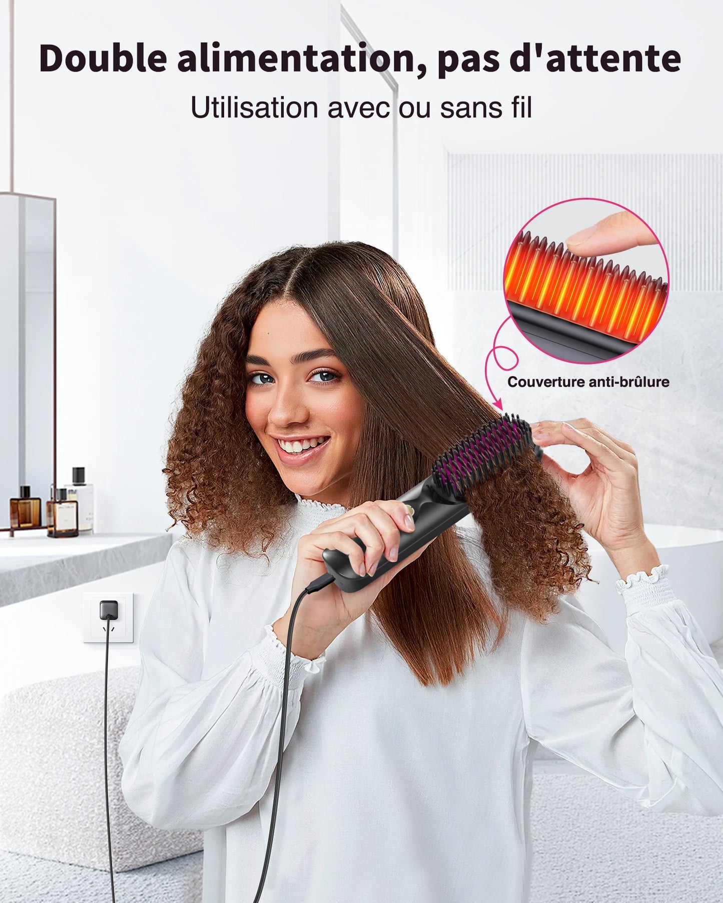 Cordless Hair Straightener Portable Brush 30s Fast Heating 10000mAh Rechargeable 300 Million Negative Ions Straightening Comb