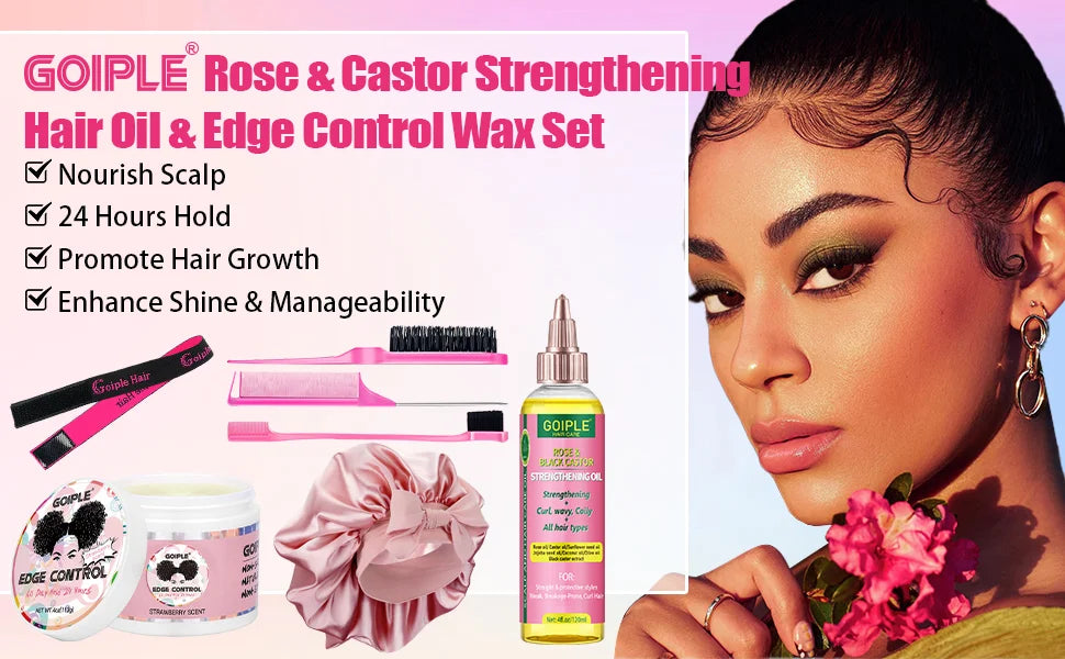 Rose & Black Castor Oil for Hair Growth Edge Control Wax Set No Flaking Black Hair Edge Styling Gel Smoother Braid Bonnet