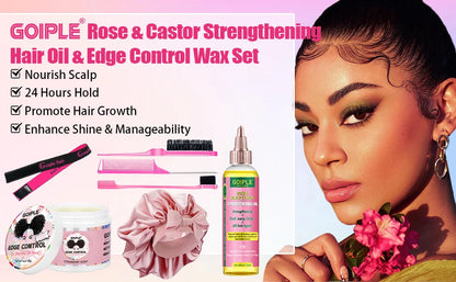 Rose & Black Castor Oil for Hair Growth Edge Control Wax Set No Flaking Black Hair Edge Styling Gel Smoother Braid Bonnet