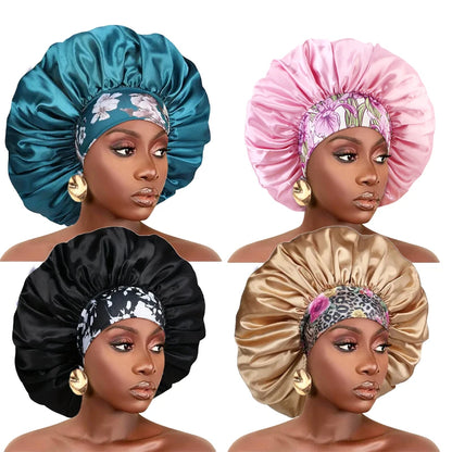 Women Extra Large Silky Satin Hair Bonnet Thick Hair Sleep Cap Elastic Band Beanie African Headwrap Flower Turban Chemo Caps