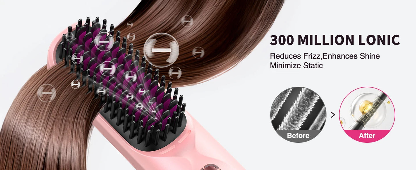 Cordless Hair Straightener Brush 450°F Adjustable Temp 30s Fast Heating 10000mAh Travel Wireless Straightening Comb Adult Kids