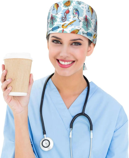 Japanese Wave Working Cap Scrub Cap with Sweatband Adjustable Unisex Women Tie Back Hat Nurse  Caps