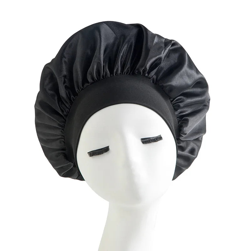 Women's Satin Solid Bonnets Wide-brimmed Night Sleeping Bathing Hat Unisex Head Wrap Elastic Band Cap Hair Care Bonnet