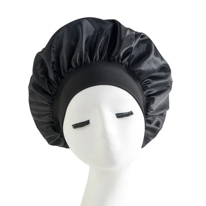 Women's Satin Solid Bonnets Wide-brimmed Night Sleeping Bathing Hat Unisex Head Wrap Elastic Band Cap Hair Care Bonnet