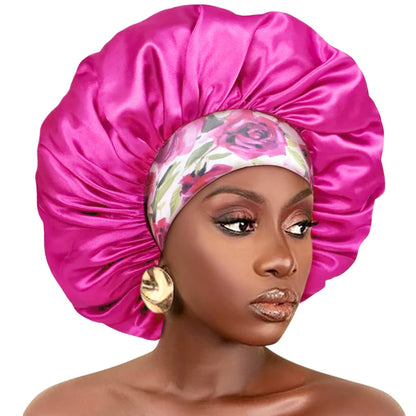 Women Extra Large Silky Satin Hair Bonnet Thick Hair Sleep Cap Elastic Band Beanie African Headwrap Flower Turban Chemo Caps