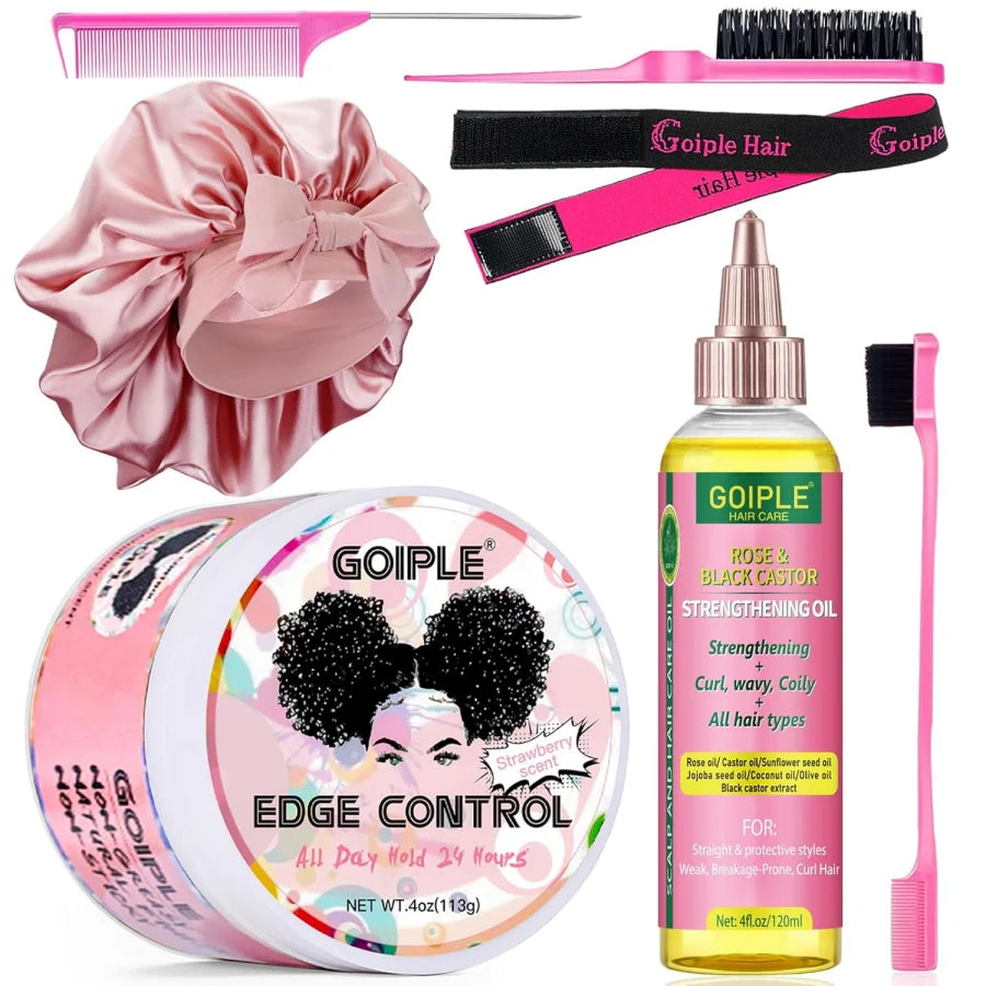 Rose & Black Castor Oil for Hair Growth Edge Control Wax Set No Flaking Black Hair Edge Styling Gel Smoother Braid Bonnet
