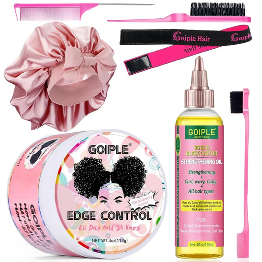 Rose & Black Castor Oil for Hair Growth Edge Control Wax Set No Flaking Black Hair Edge Styling Gel Smoother Braid Bonnet