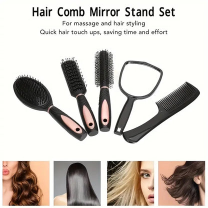 5-Pack Comb Brush Set Professional Massage Comb Cosmetic Hair Styling Tool Set With Mirror Hair Brush Holder