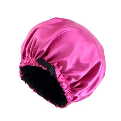 Adjustable Double Layer Satin Bonnet Nightcap Doubleside Women Round Shower Caps Night Sleep Soft Smooth Hat Solid Black Lining