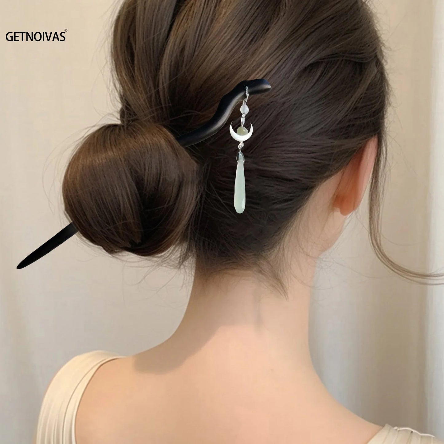 Vintage Chinese Style Wooden Hair Sticks for Women Girls Moon Tassel Hairpin Hair Clip Hanfu Headwear Jewelry Hair Accessories