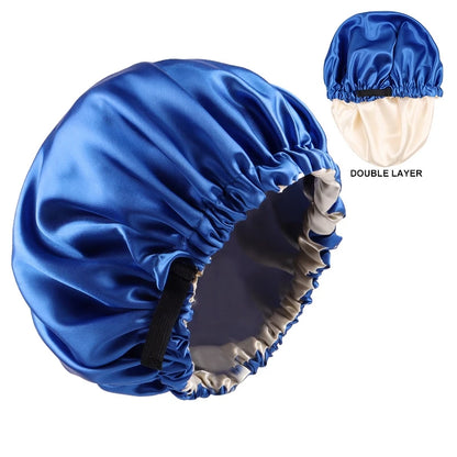 Adjustable Double Layer Satin Bonnet Nightcap Doubleside Women Round Shower Caps Night Sleep Soft Smooth Hat Solid Black Lining