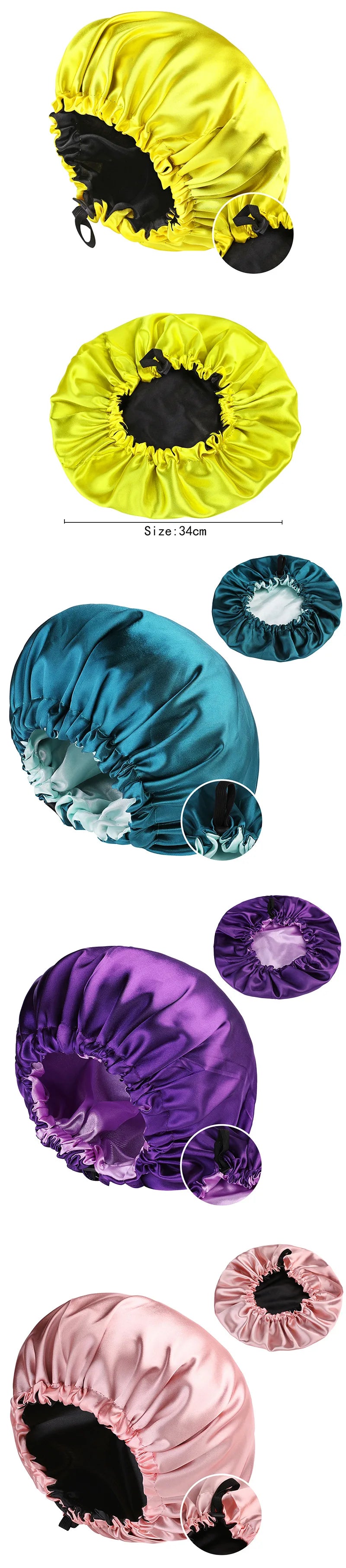 Adjustable Double Layer Satin Bonnet Nightcap Doubleside Women Round Shower Caps Night Sleep Polyester Hat Solid Black Lining