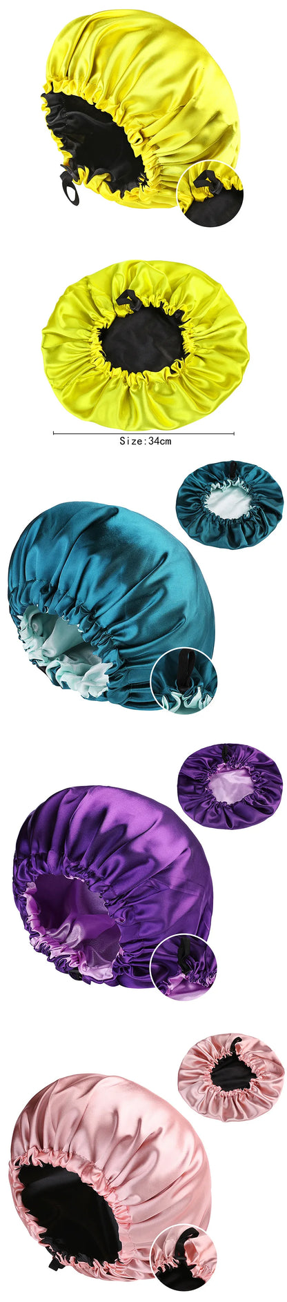 Adjustable Double Layer Satin Bonnet Nightcap Doubleside Women Round Shower Caps Night Sleep Polyester Hat Solid Black Lining