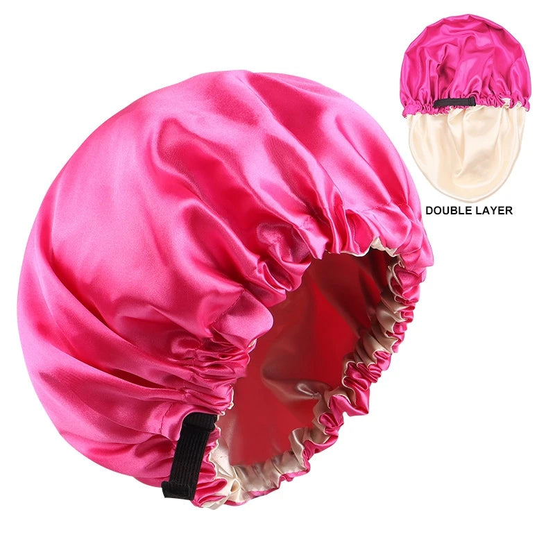 Adjustable Double Layer Satin Bonnet Nightcap Doubleside Women Round Shower Caps Night Sleep Soft Smooth Hat Solid Black Lining