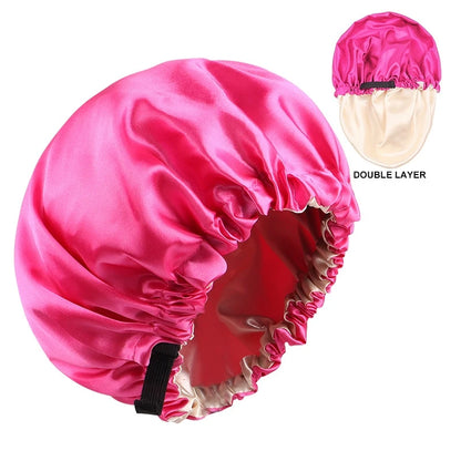 Adjustable Double Layer Satin Bonnet Nightcap Doubleside Women Round Shower Caps Night Sleep Soft Smooth Hat Solid Black Lining
