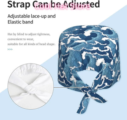 Japanese Wave Working Cap Scrub Cap with Sweatband Adjustable Unisex Women Tie Back Hat Nurse  Caps