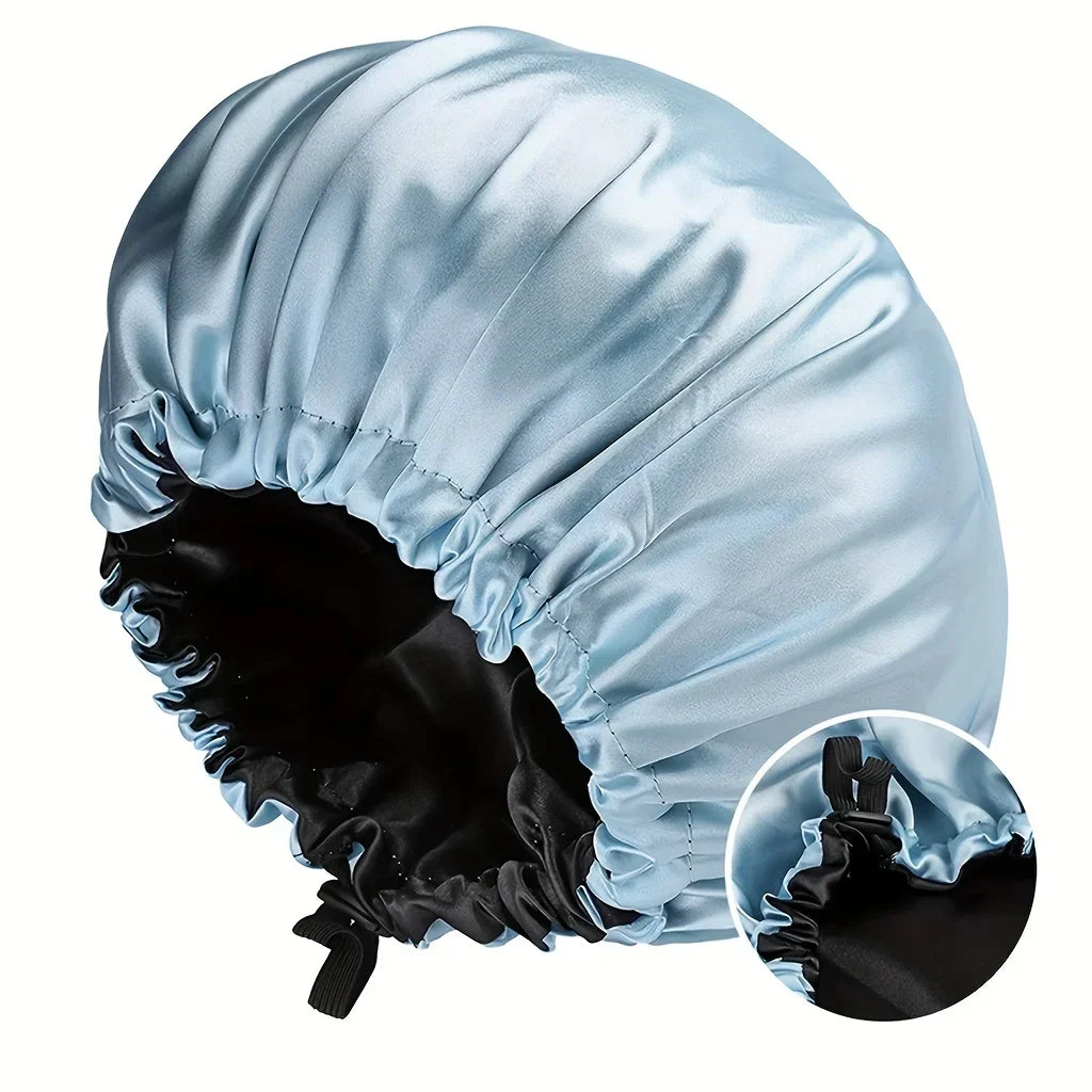 Fashionable Bonnet Solid Color Silky Satin Fabric Elastic Button Double Layer Sleep Hair Hat Women's Aily Home Casual Sleep Hat