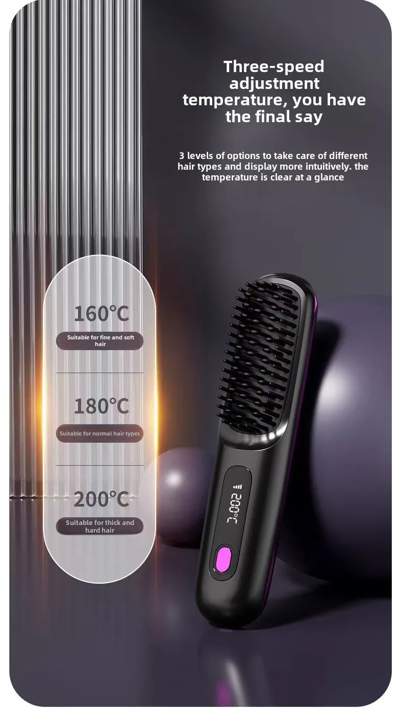 LCD Straight Hair Comb Portable Travel Hair Straightener Anti-Scald Heated Styling Brush USB Charging Cordless Hair Straightener