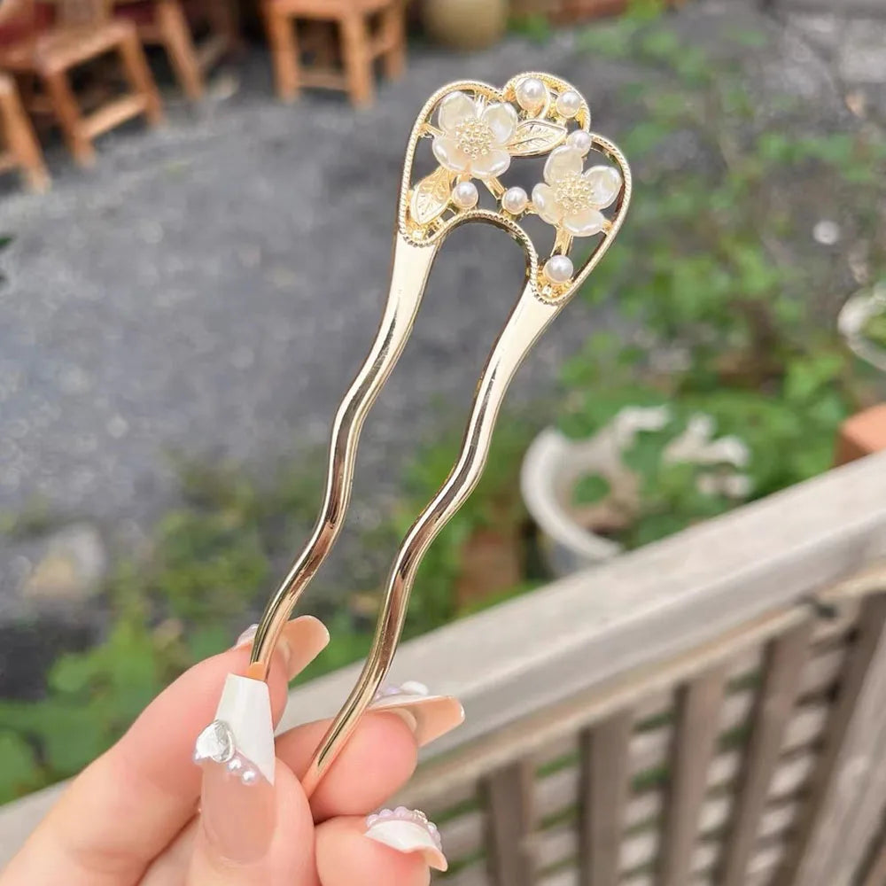 U자비녀 Pearl Flower Hairpin New Chinese Modern Simple Updo U-shaped Hairpin Hanfu Hair Accessory Hula Girl Hair Accessories 2025