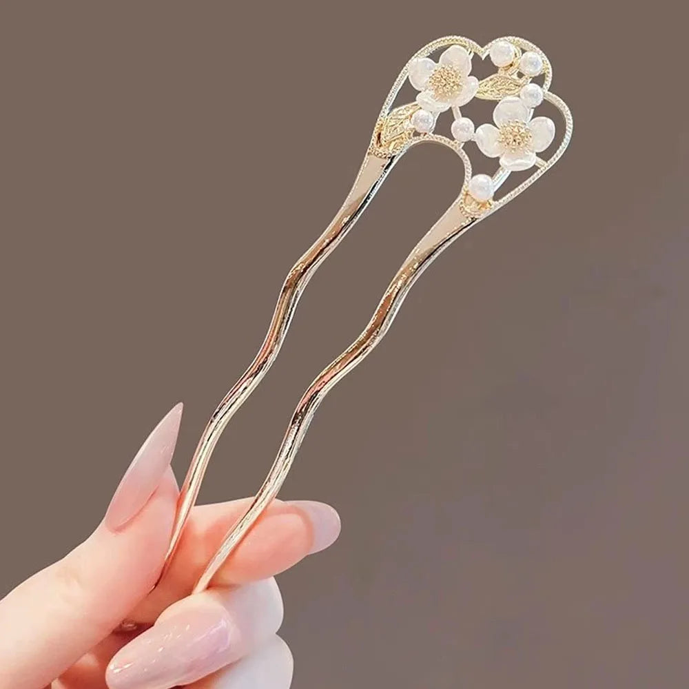 U자비녀 Pearl Flower Hairpin New Chinese Modern Simple Updo U-shaped Hairpin Hanfu Hair Accessory Hula Girl Hair Accessories 2025