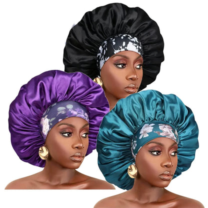 Women Extra Large Silky Satin Hair Bonnet Thick Hair Sleep Cap Elastic Band Beanie African Headwrap Flower Turban Chemo Caps